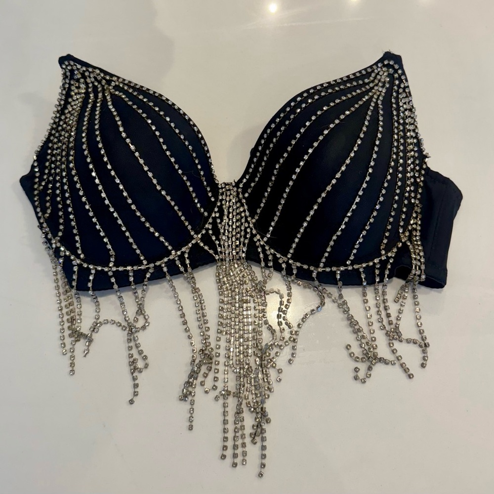 Black Bra with Silver Rhinestone Chains